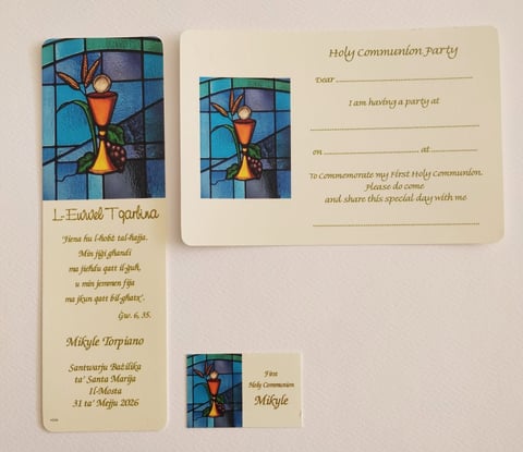 Holy Communion party invitation and thank you cards featuring stained glass chalice design in blue and gold