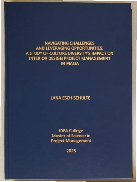 Navy blue book cover with gold text showing thesis title about culture diversity in interior design project management in Malta by Lana Esch-Schulte, IDEA College 2025