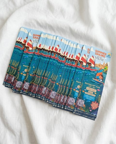 Stack of Summer Sailing magazines fanned out on white fabric background