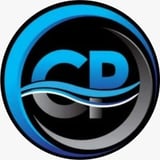 Circular logo with blue and black gradient featuring stylized CP letters with a swoosh design