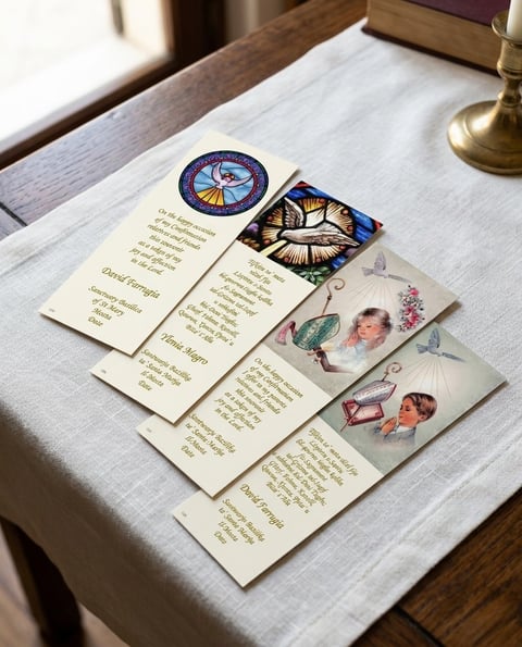 Collection of religious prayer cards and holy stickers arranged on a white linen cloth with wooden furniture visible in background