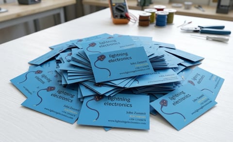 Stack of blue Lightning Electronics business cards on a white desk with office supplies and electronics in the background