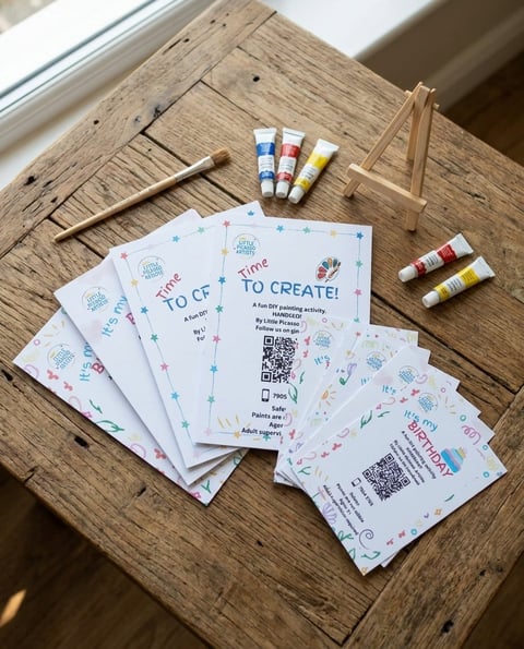 Wooden table with Time to Create instruction cards, wooden brush, paint tubes, and QR codes for an art activity.