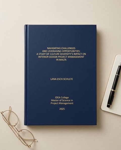 Dark blue thesis cover with title about culture diversity and interior design project management, surrounded by glasses and pen on beige surface
