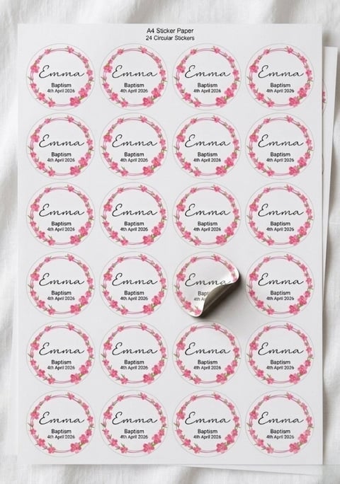 Sheet of 24 circular pink stickers personalized with Emmas name and baptism date of 4th April 2025