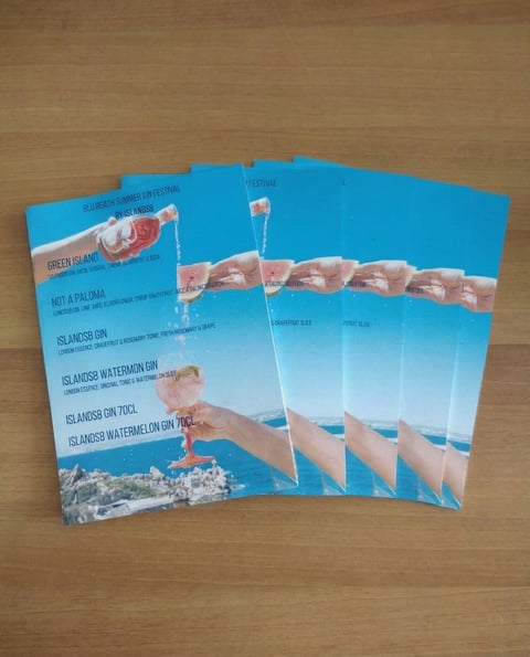 Stack of blue travel brochures about Icelandic destinations fanned out on a wooden surface, featuring coastal imagery and text about tours and activities