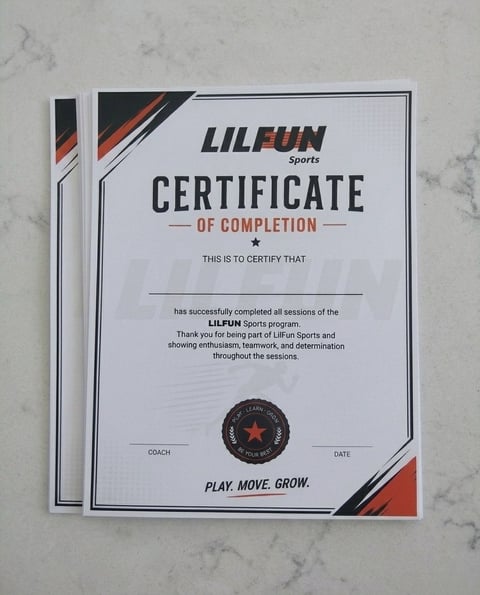 LILFUN Sports Certificate of Completion with blank fields for participant name, coach, and date on marble background