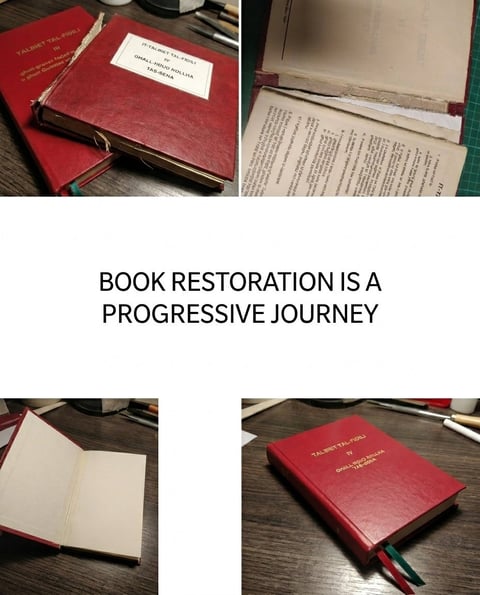 Collage showing book restoration stages: damaged red book cover, internal pages, open book pages, and restored red book with bookmark, with text Book Restoration is a Progressive Journey