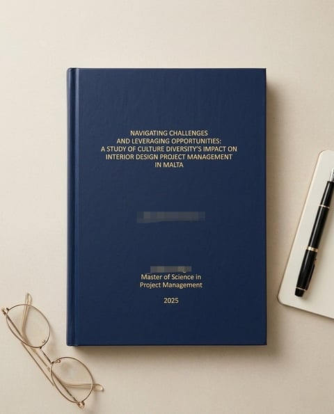 Dark blue thesis book titled Navigating Challenges and Leveraging Opportunities on beige background with glasses and pen