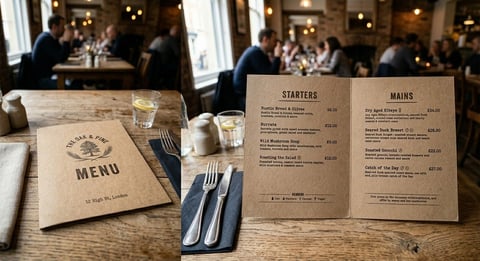 Restaurant table set with kraft paper menus, silverware, and glasses, with diners visible in the background
