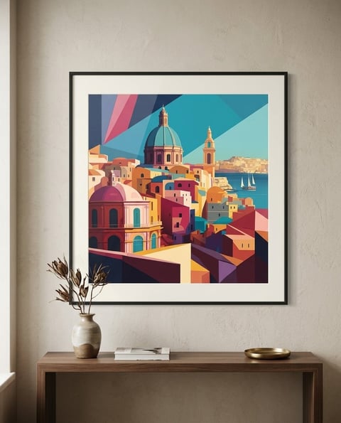 Framed colorful illustration of a Mediterranean coastal town with geometric architecture, domed buildings, and sailboats on water, hanging above a wooden console table with a vase