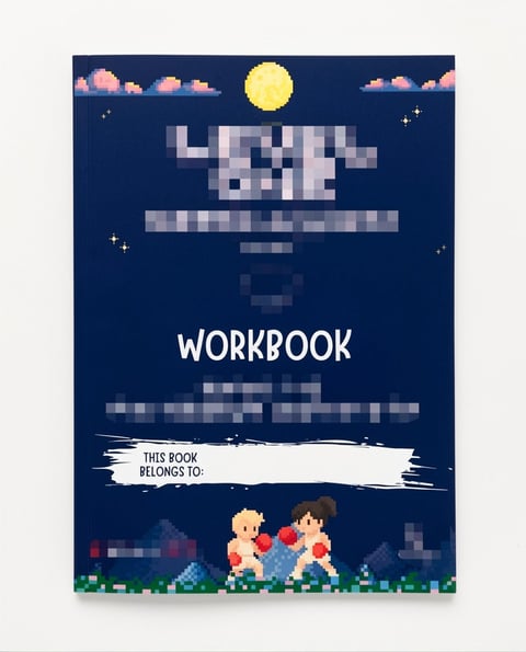 Pixel art workbook cover with retro video game theme, moon and clouds, two game characters at bottom, and ownership label space