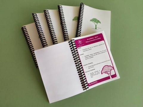 Collection of spiral-bound notebooks with cream and natural covers arranged on a green background, displaying various designs including trees and planning templates.