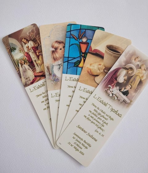 Five vintage-style bookmarks fanned out, each featuring religious imagery and text, displayed against a white background
