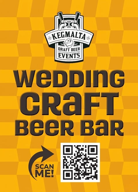 Keg Malta Draft Beer Events wedding craft beer bar promotional poster with QR code on yellow checkered background