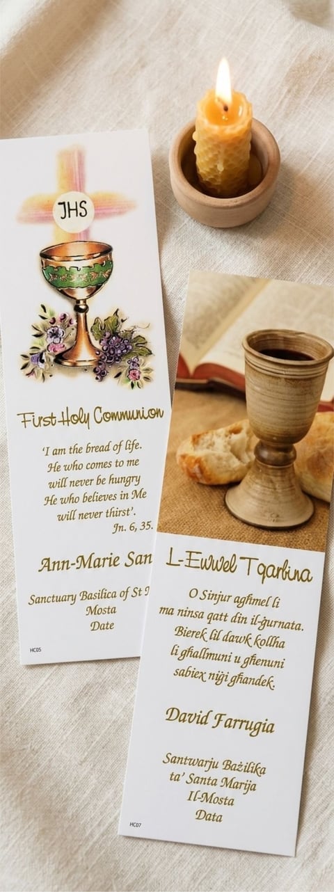 First Holy Communion cards and religious items arranged on a beige linen surface with lit candle and wooden chalice cup