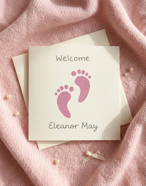 Welcome card for Eleanor May with pink baby footprints on cream cardstock, layered on soft pink knitted fabric