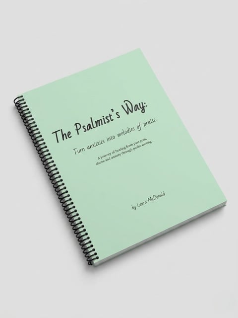 Spiral-bound book with light green cover titled The Psalmists Way by Laura McDonald, featuring cursive and printed text on a plain background