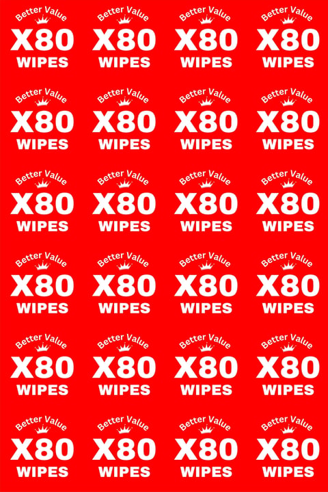 Red packaging pattern showing repeated X80 Wipes product labels with Better Value branding and crown icons