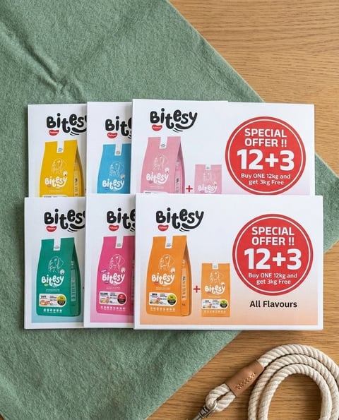 Bitsy pet food product boxes displayed on a card showing a special offer of 12+3 free on all flavours