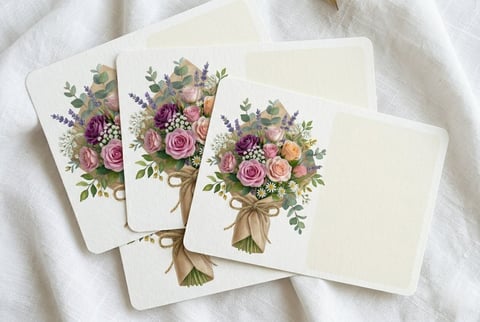 Stack of three blank greeting cards featuring watercolor bouquets with pink roses, lavender, and greenery tied with gold ribbons