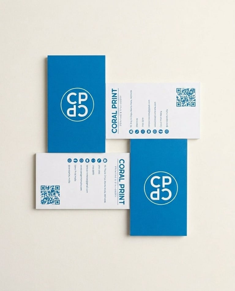 Business cards with CPDS logo displayed in blue and white, featuring contact information and QR codes