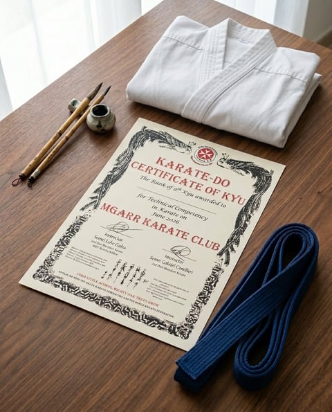 Karate equipment arranged on wooden surface: certificate, white gi, blue belt, and wooden training sticks