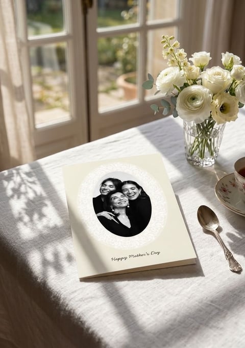 Mothers Day card with family photo on sunny table, white flowers in vase and place setting beside it