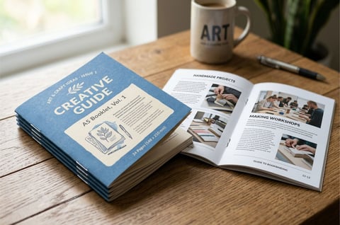 Open magazine showing photography pages next to a blue Creative Guide book on a wooden desk with coffee mug and pen
