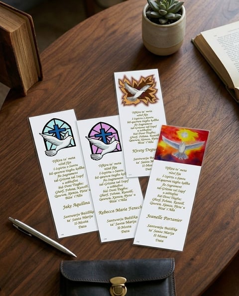 Four handmade tarot cards with colorful illustrated symbols displayed on a wooden desk with books, a potted succulent, pen, and black wallet